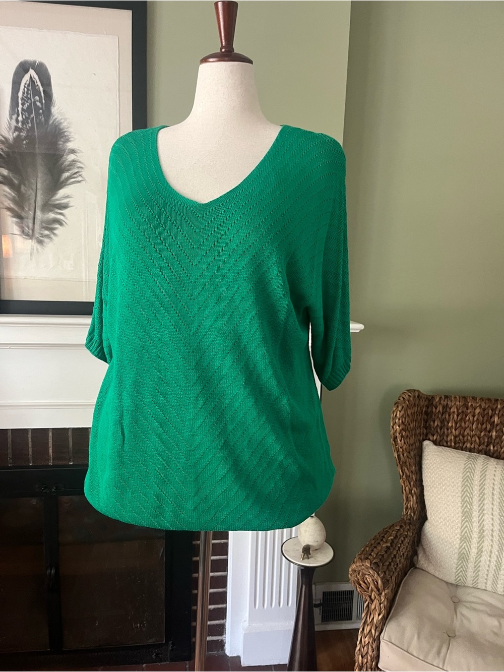 Kelly Green Chevron Pointelle V Neck Sweater NWT - Size 2X